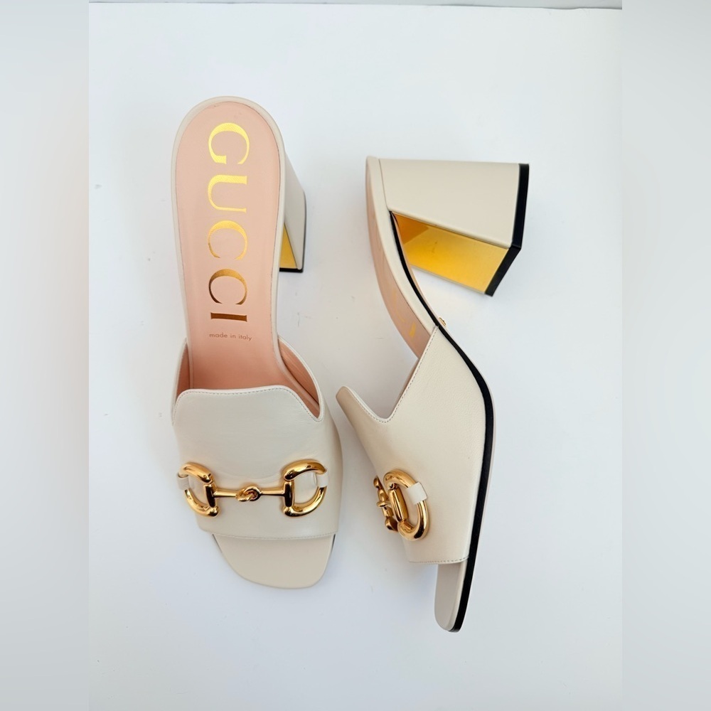Gucci Mystic White leather Baby Horsebit block heel 70mm open toe mules EU 41.5